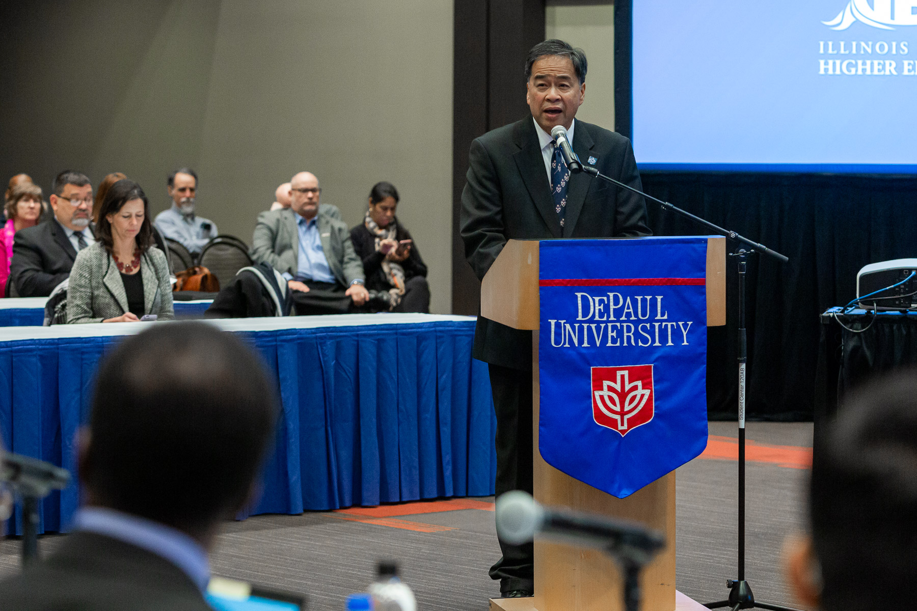 Dr. Esteban speaks about some of DePaul’s strategic objectives to members of the Illinois Board of Higher Education. (DePaul University/Randall Spriggs)